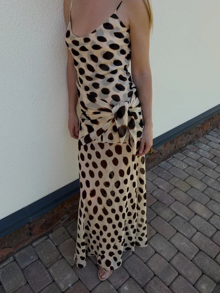 Bohemian Contrast Polka Dot Wrap Skirt Women Vintage Tie Waist Lace Up Chiffon Midi Skirts Coffee Dating Night Out Wear 2026 New