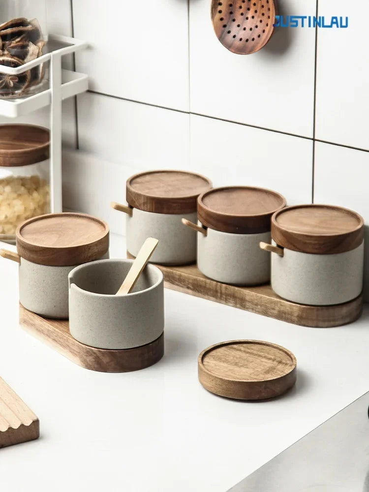 JUSTINLAU Ceramic Seasoning Jar Japanese Spice Container with Bamboo Lid Spoon Home Oil Pot Seasoning Bottle Tray Kitchen Tools