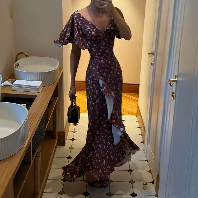 Elegant Print Women Long Dress Chic Ruffle Pleated Short Sleeve V-neck Waist-Closed Female Dresses 2026 Summer Beach Lady Robe