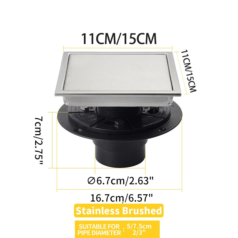 Square Shower Drain Tile Insert Anti Odor Stainless Steel Floor Drain Kit with Removable Grate Cover Hair Strainer Black Gold