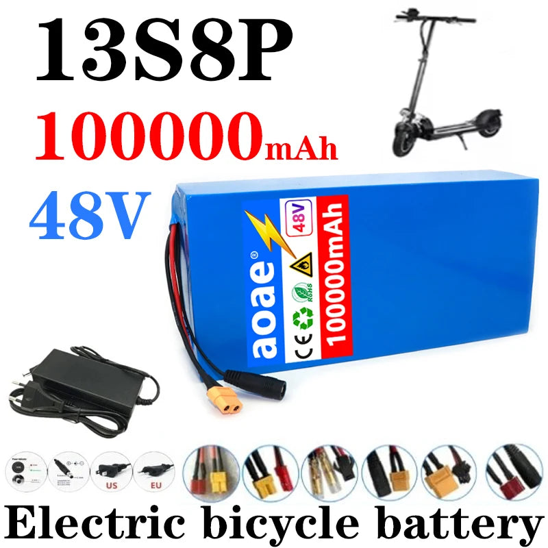 48V 13s8p Lithium-Ion Battery Pack 100000mAh 2000W Electric Battery for Electric Scooters Mountain Built-In 50A BMS Charger
