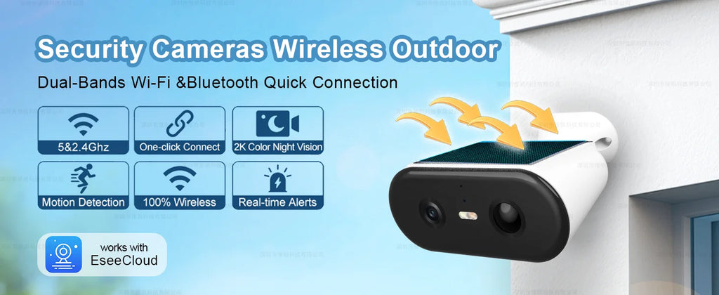2K Solar Security Camera WIFI Wireless 2.4/5GHz DualBand Outdoor Camera IP65 Waterproof  AI PIR Motion Surveillance Battery Cam
