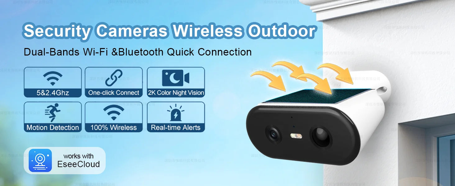 2K Solar Security Camera WIFI Wireless 2.4/5GHz DualBand Outdoor Camera IP65 Waterproof  AI PIR Motion Surveillance Battery Cam