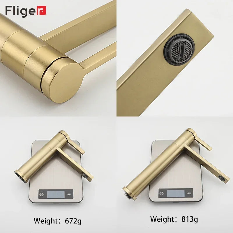 Fliger Tall Basin Faucet Brushed Gold Bathroom Sink Faucet Countertop Sink Faucet Hot Cold Bathroom Faucet 360° Rotating Mixer