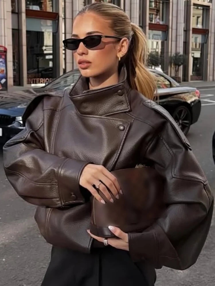 Fashion Black Faux Leather Short Jackets Women Retro High Neck Long Sleeve Oversized Coats Lady Autumn Winter Classic Streetwear