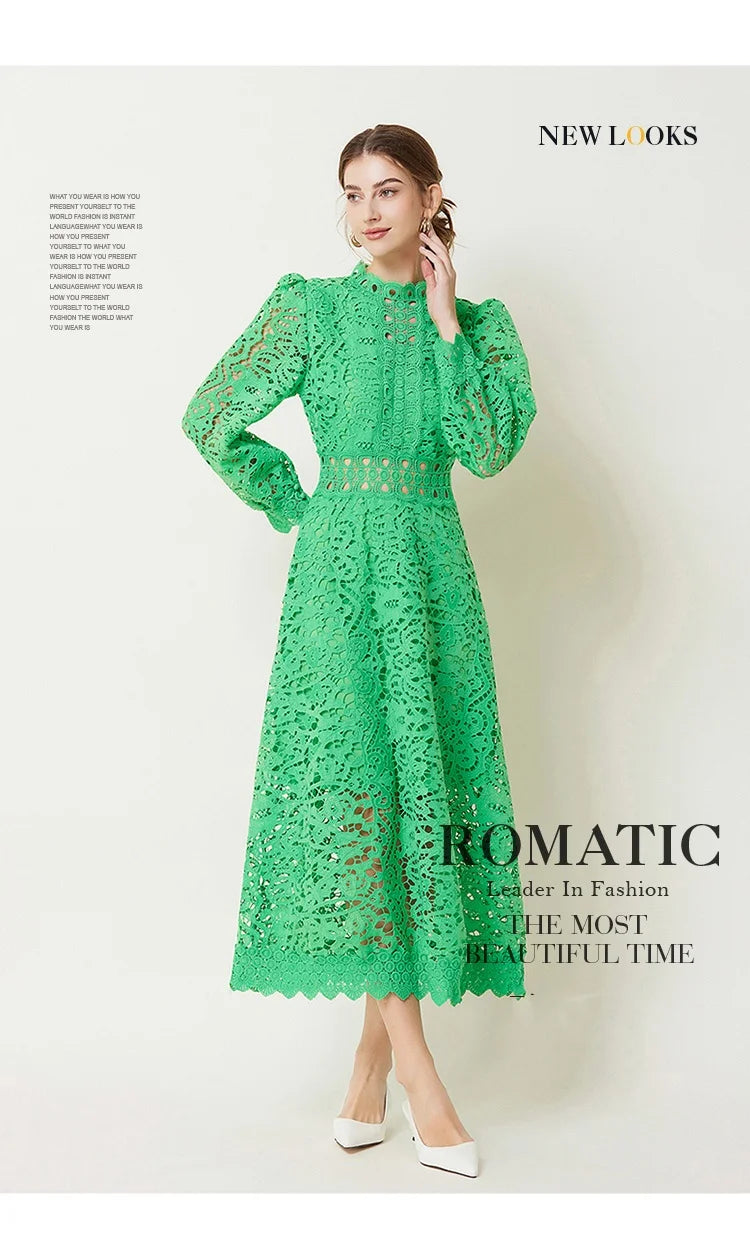 Solid Lace Holloe Out Slimming Elegant Dresses For Women Stand Collar Long Sleeve High Waist Minimalist Dress Female Fashion