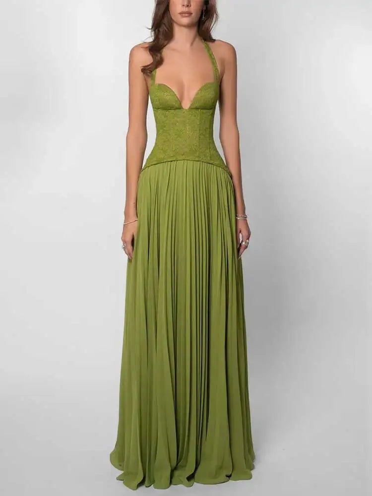 GACVGA Elegant Corset Halter Pleated Maxi Dress Women Back Lace-up Patchwork Slim Lady Gown Club Party Evening Long Dress