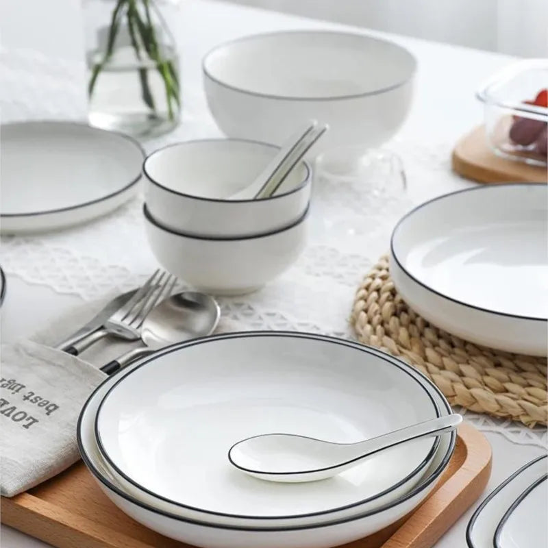 White With Black Dinner Plate Set Ceramic Serving Tray Food Dishes Rice Salad Noodles Bowl Soup Kitchen Dinnerware