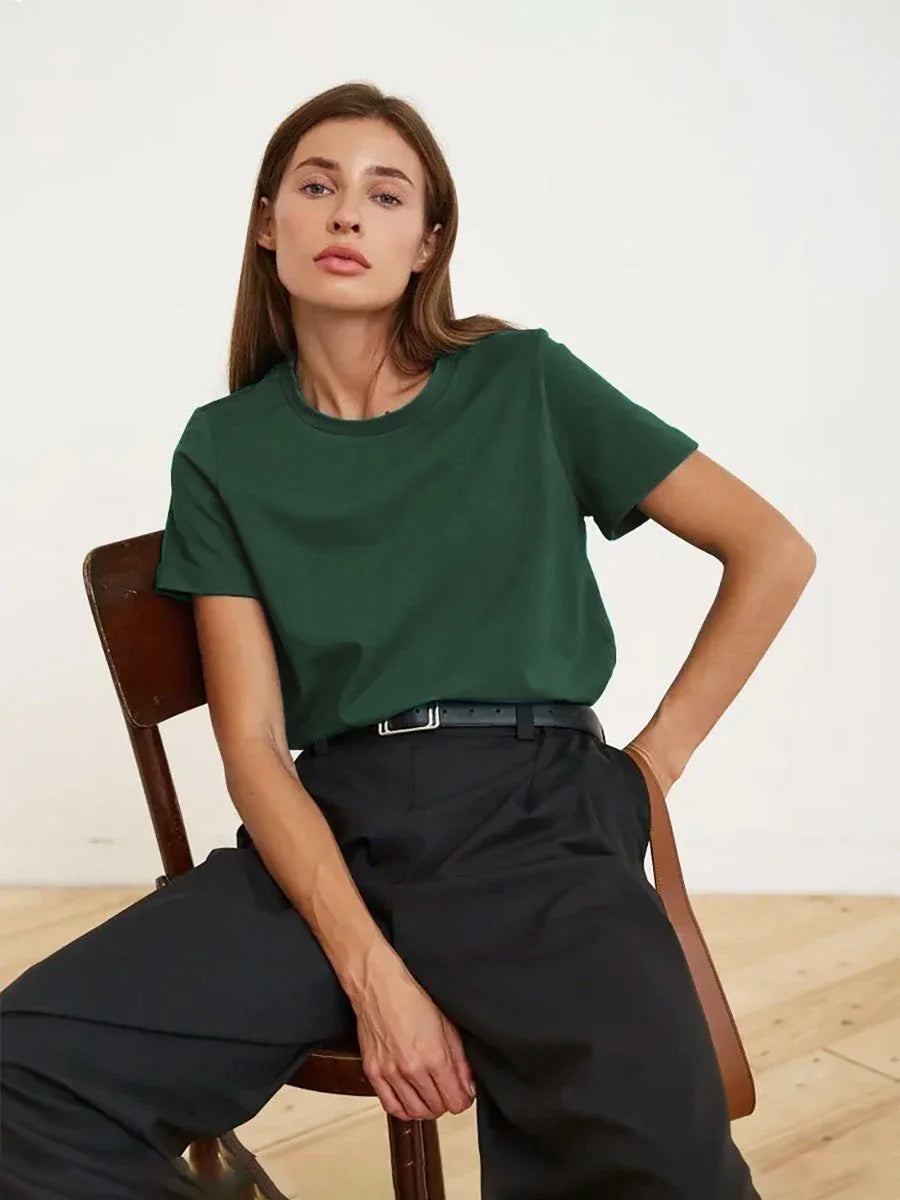 Wolfeel Summer 100% Cotton Women's T-shirt Bottoming Basic Fashionable Solid Lady Short Sleeve Loose Tops Shirts 230g/㎡ Tops