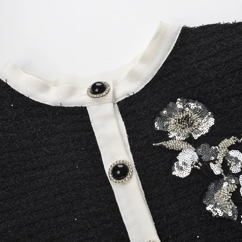 CHUJIE 2025 Autumn/winter New Fake Two-piece Design, Long-sleeved Round-neck, Floral Embroidery, Ruffle Decoration Knitted Dress