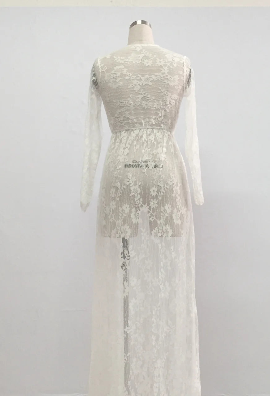 European Style Sexy Deep V Lace Mesh Long Sleeve Bodycon Maxi Dress Trailing Evening Party Dress