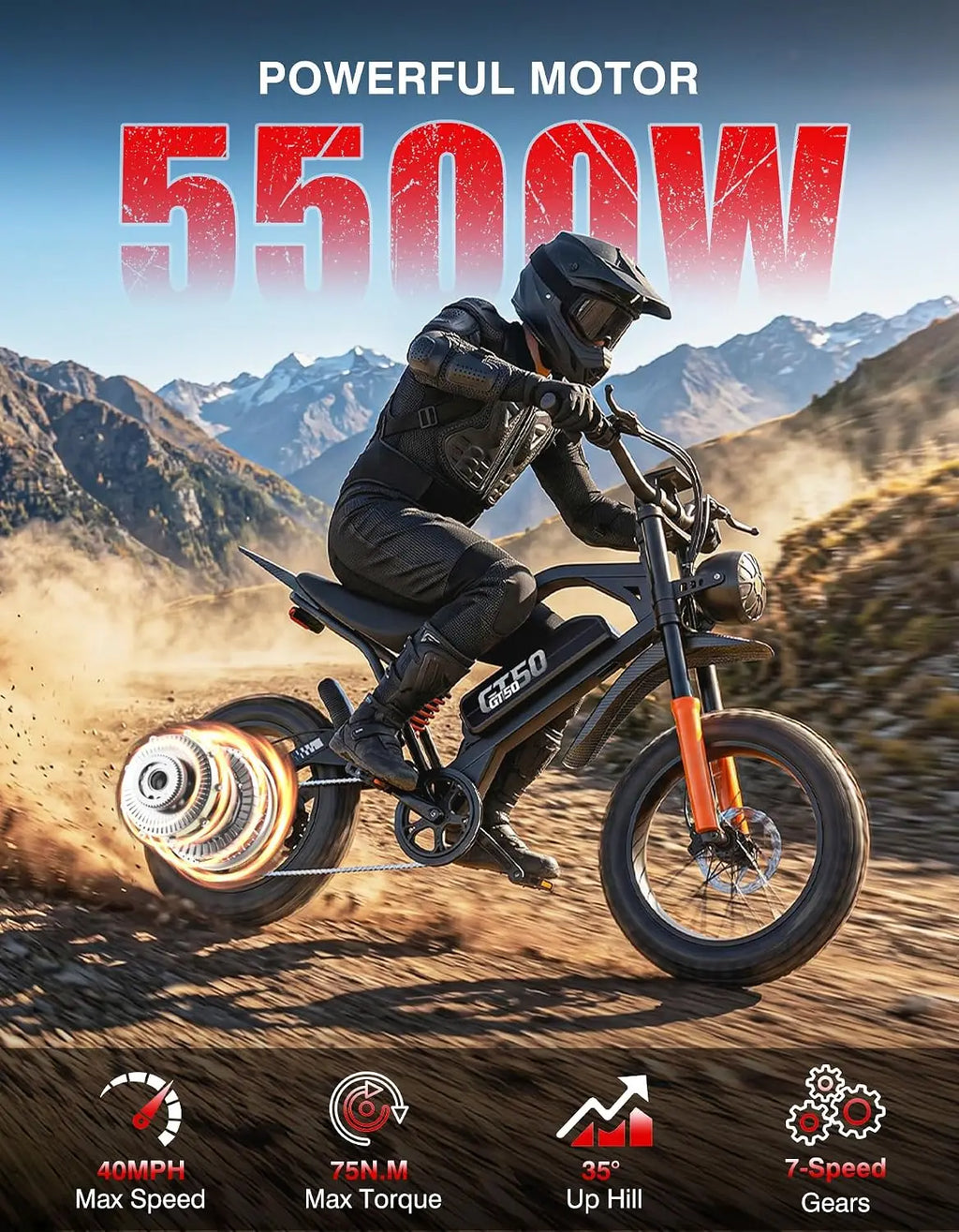 Electric Dirt Bike, 5500W Peak Electric Motorcycle with 48V/30AH Battery Ebike, 40MPH, Hydraulic Brakes, Full, Custom