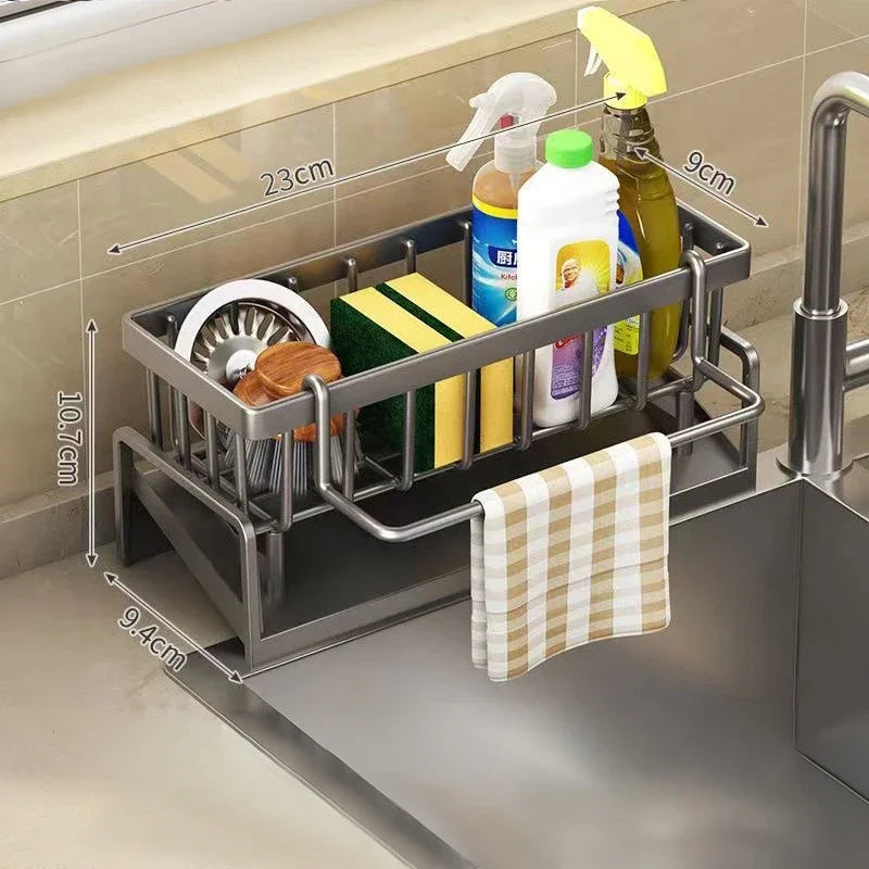 Stainless Steel Kitchen Sink Organizer | Sponge & Soap Storage | Faucet Holder & Towel Rack | Drain Rack with Shelf | Kitchen Ac