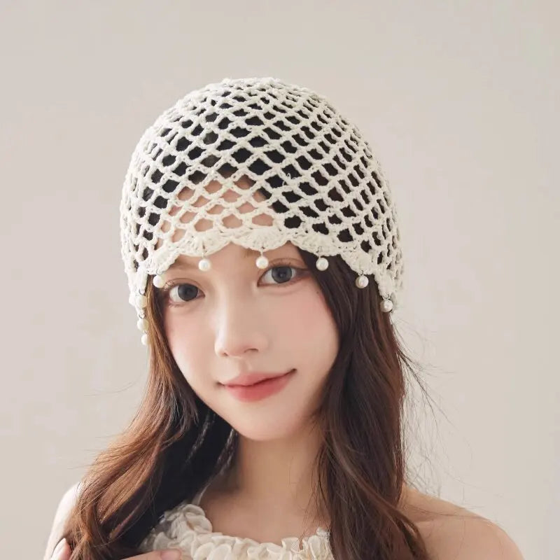 Fashion Hollowed Out Woven Pullover Hats Crochet Breathable Beret Cap Pearl Fringed Retro Beanies Cap for Women Summer Korean