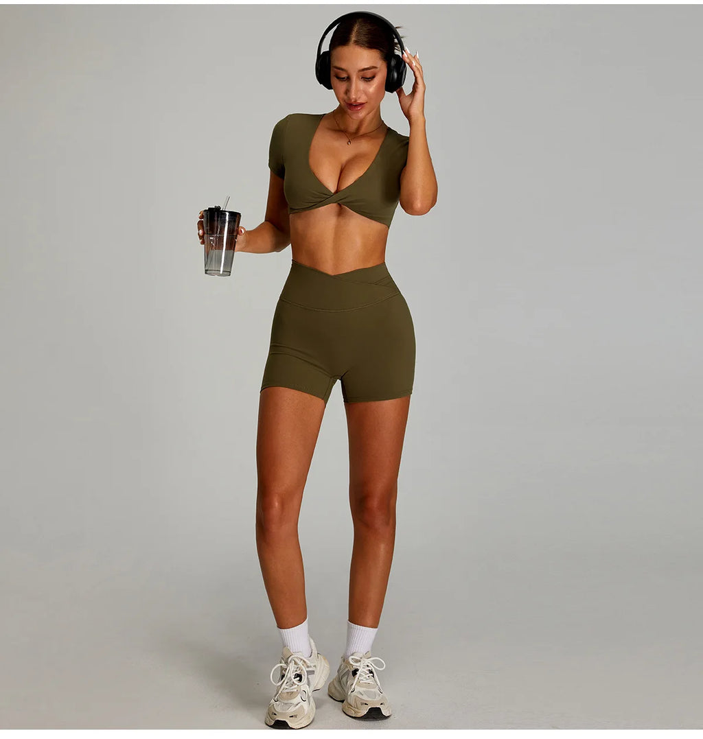 mikeyoga Women Yoga Suit 2PCS Sports Set Quick-Drying Gym Set Women Tracksuit Running Workout Short Sleeves Sports Yoga Clothing