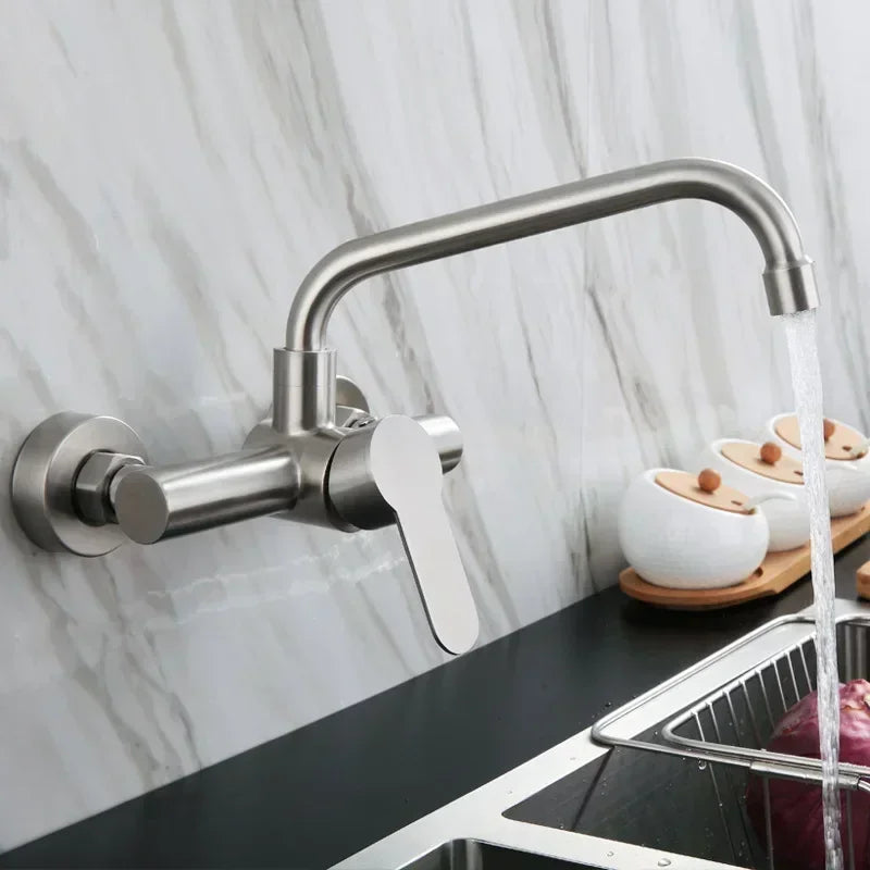 Stainless Steel Kitchen Faucet Wall Mounted Cold and Hot Tap Bathroom Basin Sink Faucet Universal Rotation Splash Proof Faucet