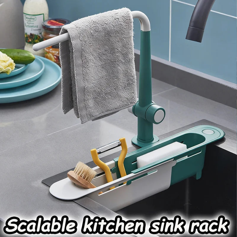 Kitchen Sponge Organizer With Drainer Multifunctional Telescopic Storage Rack Upgraded Adjustable Holder For Sink