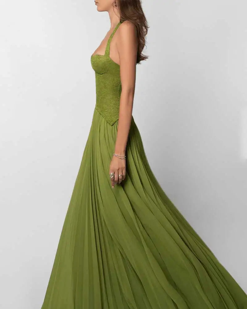 GACVGA Elegant Corset Halter Pleated Maxi Dress Women Back Lace-up Patchwork Slim Lady Gown Club Party Evening Long Dress