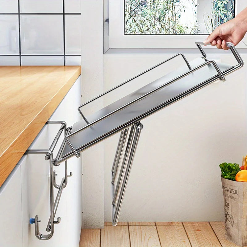 Stainless Steel Foldable Countertop Shelf Space Saving Cabinet Door Shelf No Drill Hanging Storage Bathroom Kitchen Organizer