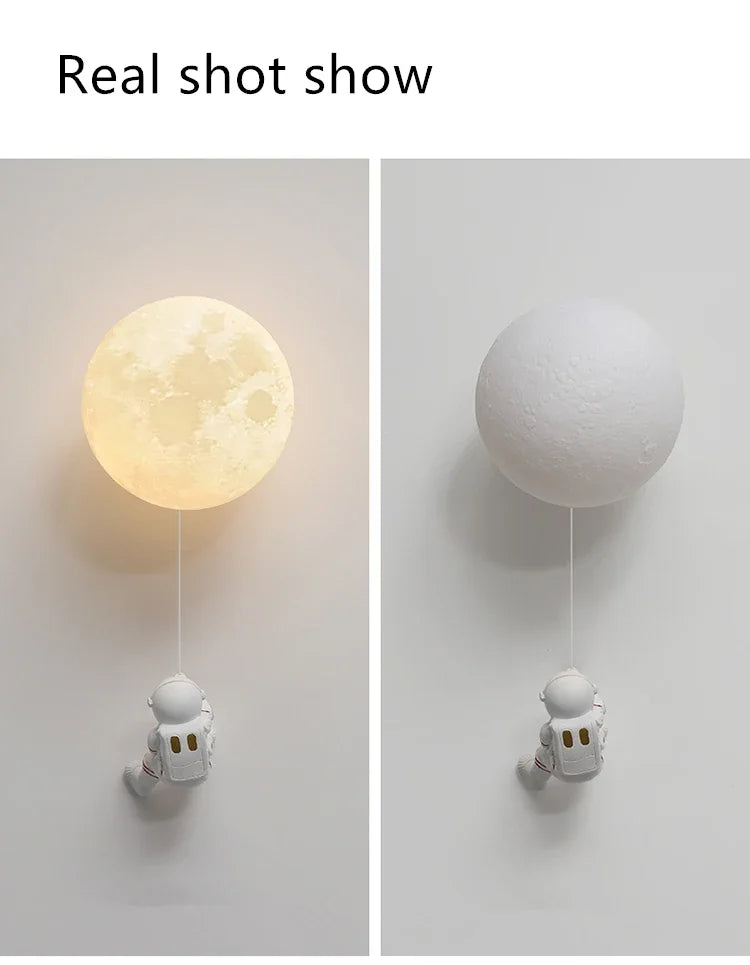Modern Astronaut Wall Lamp Natural Alabaster Planet LED Sconce Kids Bedroom Astronaut Nursery Decor