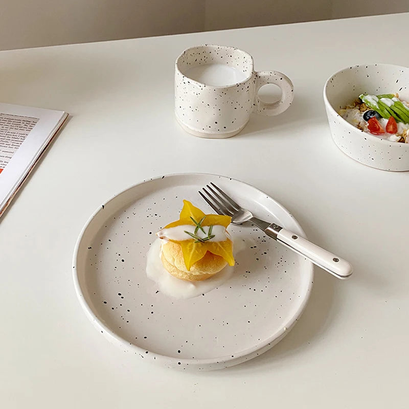 Retro Style White Ink-splashed Ceramic Bowl and Plate Western Food Steak Fruit Dessert Tray Salad Bowl Tableware Main Dish Plate