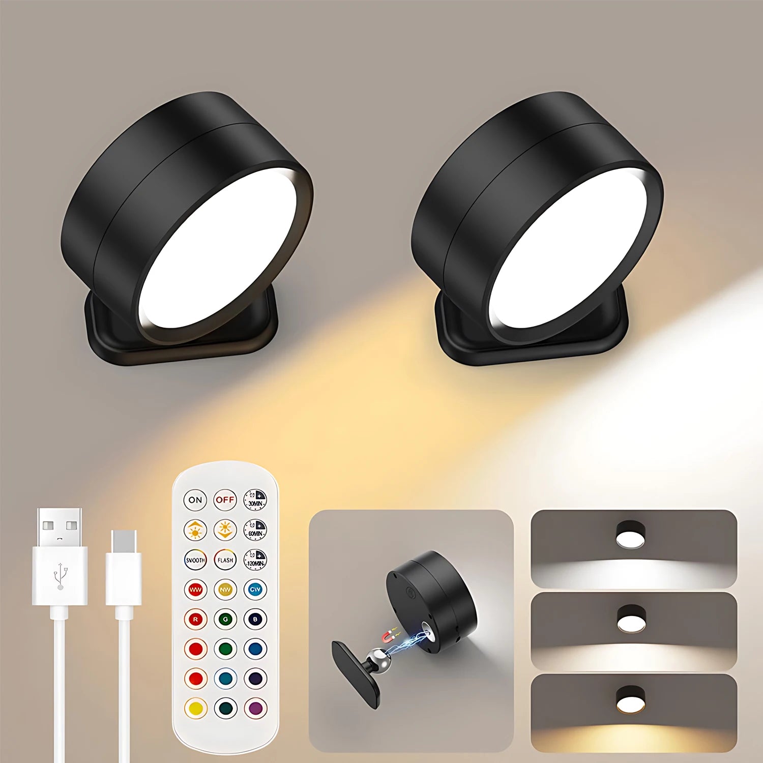 LED Wall Sconces light, 3 Brightness Levels 3 Color Modes Wall Lights Battery Operated 360° Rotatable Touch Control Wall lamp