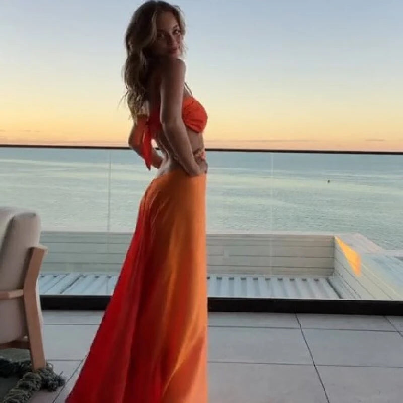 Charming Gradient Hollow out Suspender Dress Backless Irregular Long Holiday Style for Women Sweet Party Boho Beach Robe