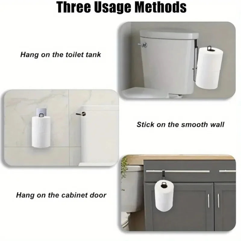 Black Iron Self-Adhesive Toilet Paper Holder with Towel Bar No-Drill Wall Mount Bathroom Storage Rack