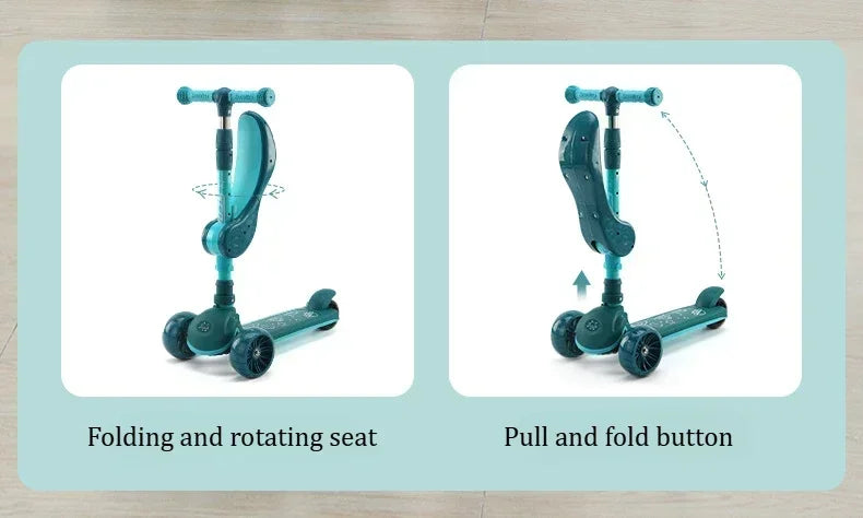 2-in-1 Scooters Kids 3 Wheel Kick Scooter for Boys Girls Adjustable Height & Seat Non-Slip Deck Sit or Stand Ride with Brake