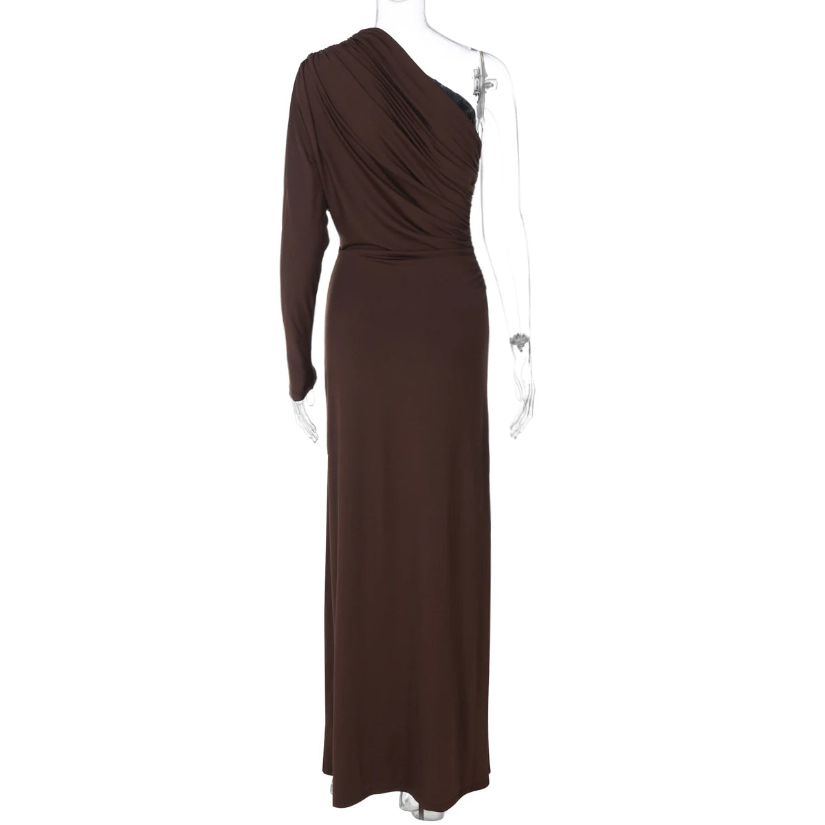 Dulzura One-Shoulder Long Sleeve Slim Fit Ruched Long Dress Women'S Solid Sexy Elegant Clothes Evening Party Club Autumn Clothes