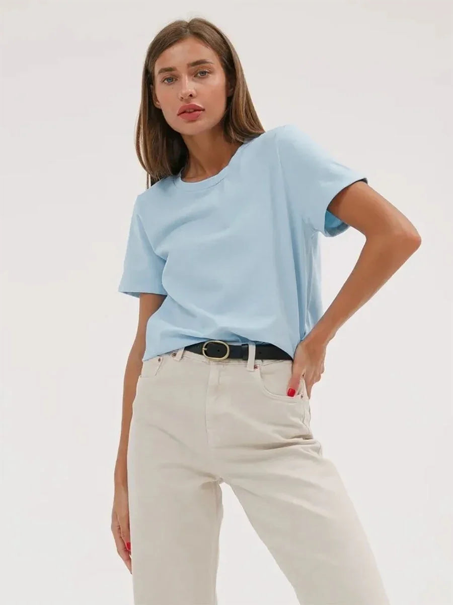 Wolfeel Summer 100% Cotton Women's T-shirt Bottoming Basic Fashionable Solid Lady Short Sleeve Loose Tops Shirts 230g/㎡ Tops