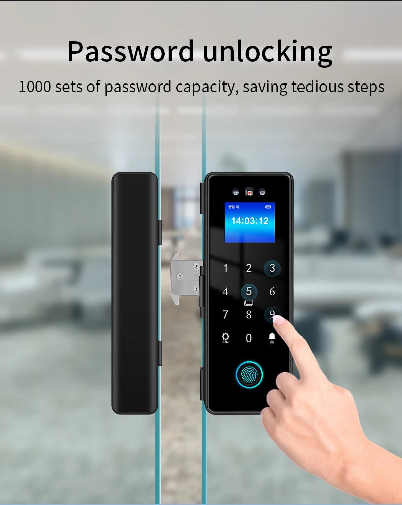 3D Face Tuya Wifi Electronic Smart Glass Door Lock With Biometric Fingerprint/RFID Card /Password Unlock/USB Emergency Charge
