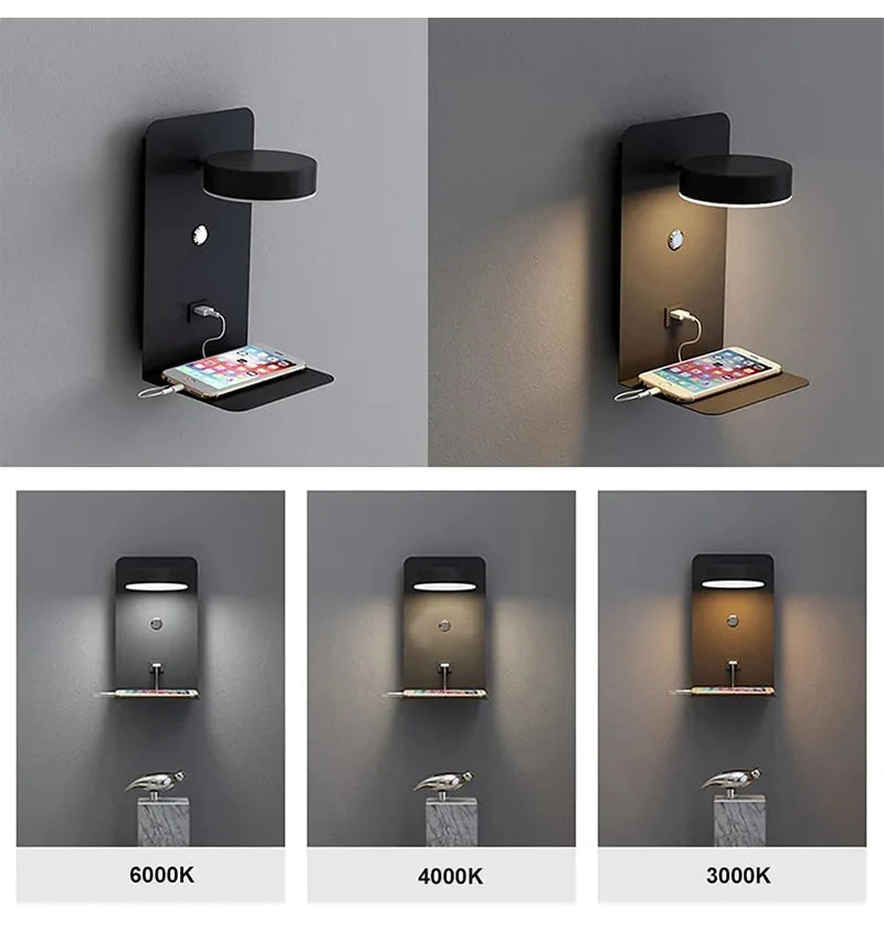 Modern LED Wall Lamp With Switch USB Charging Port 9W Black White Aisle Wall Lights Bedroom Bedside Wall Sconce Decoration Lamps