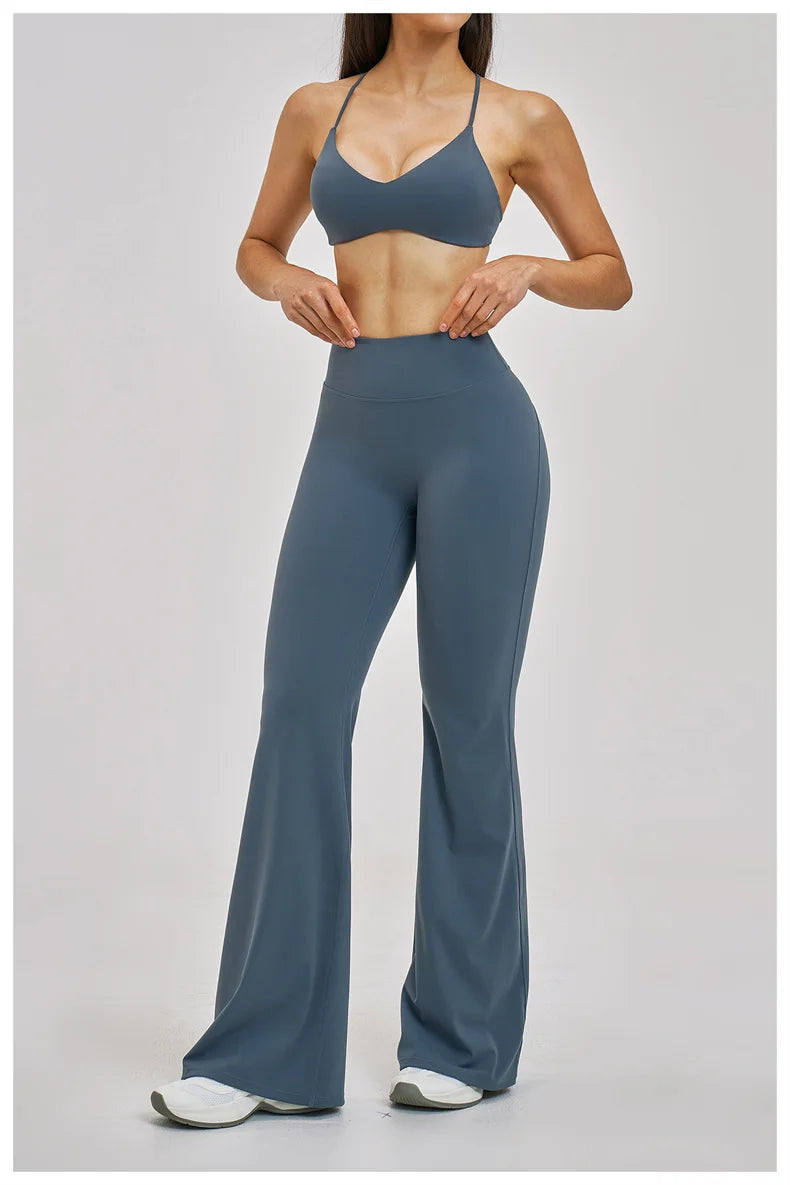 TRY TO BN Women's Tracksuit 2 Pieces Yoga Set Back Y Bra High Waist Leggings Flare Fitness Sportwear Workout Running Gym Clothes