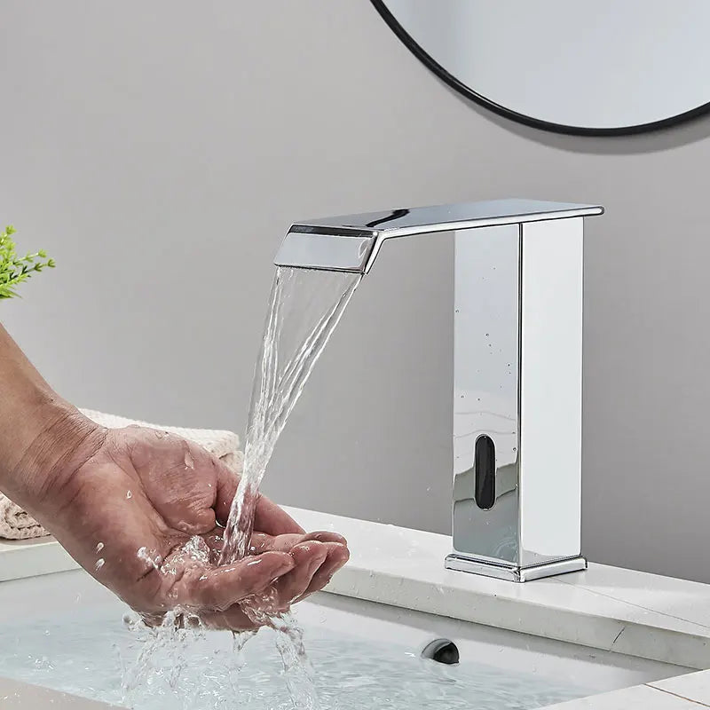 Hownifety Hot Cold Smart Sensor Bathroom Basin Faucet Deck Mount Waterfall Outlet Mixer Crane Tap Automatic Sense Touchless