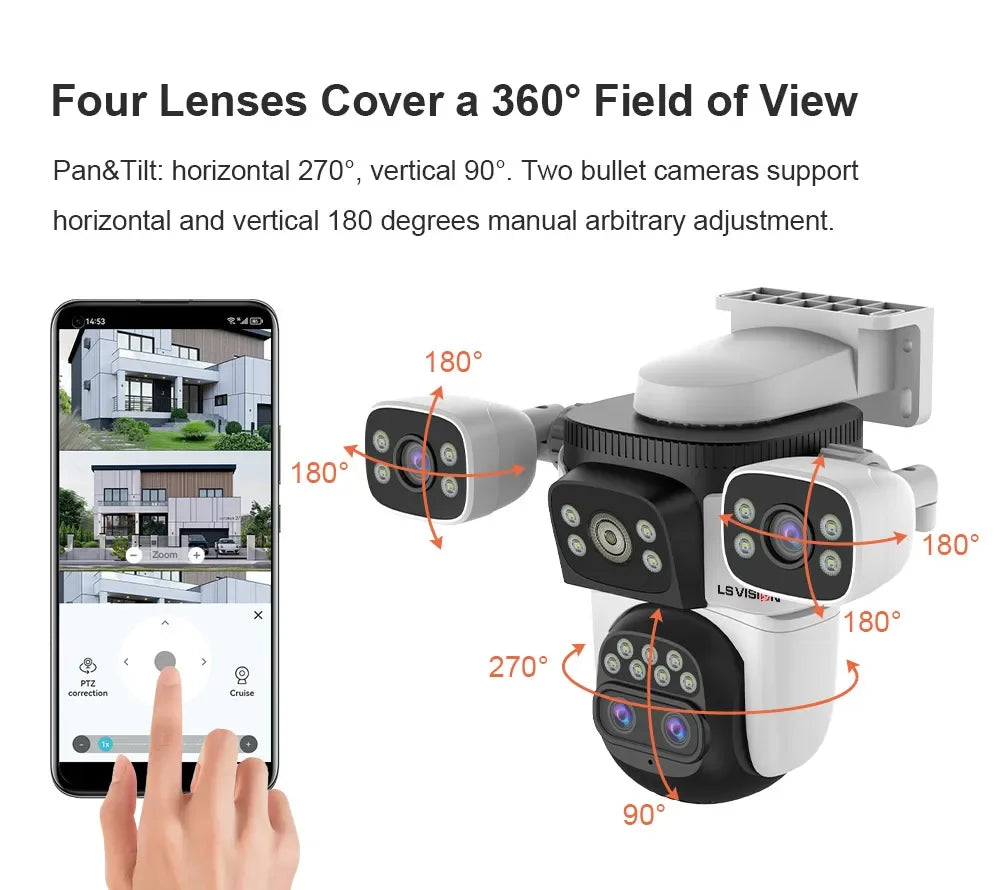 LS VISION 20MP Three Screens WiFi Security Camera Outdoor 10X Optical Zoom Four Lens Human Auto Tracking Waterproof CCTV Cameras