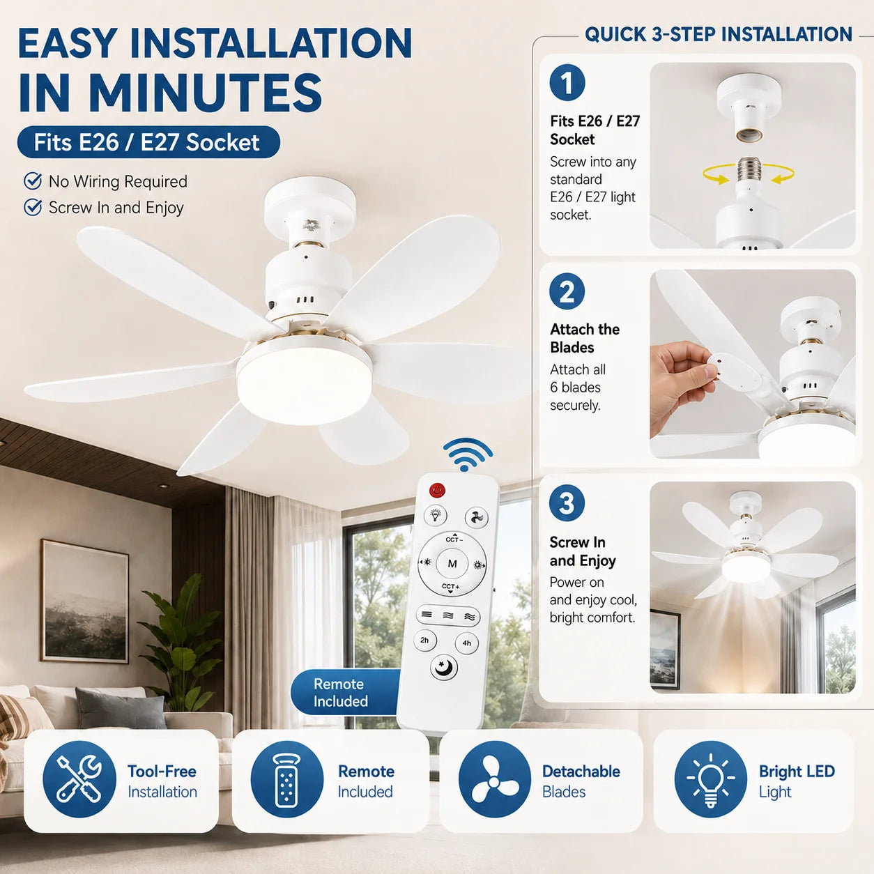 E27 LED Ceiling Fan Light with Remote 3 Color Dimmable Fan Lamp Rotatable Converter Base for Bedroom Living Room Kitchen