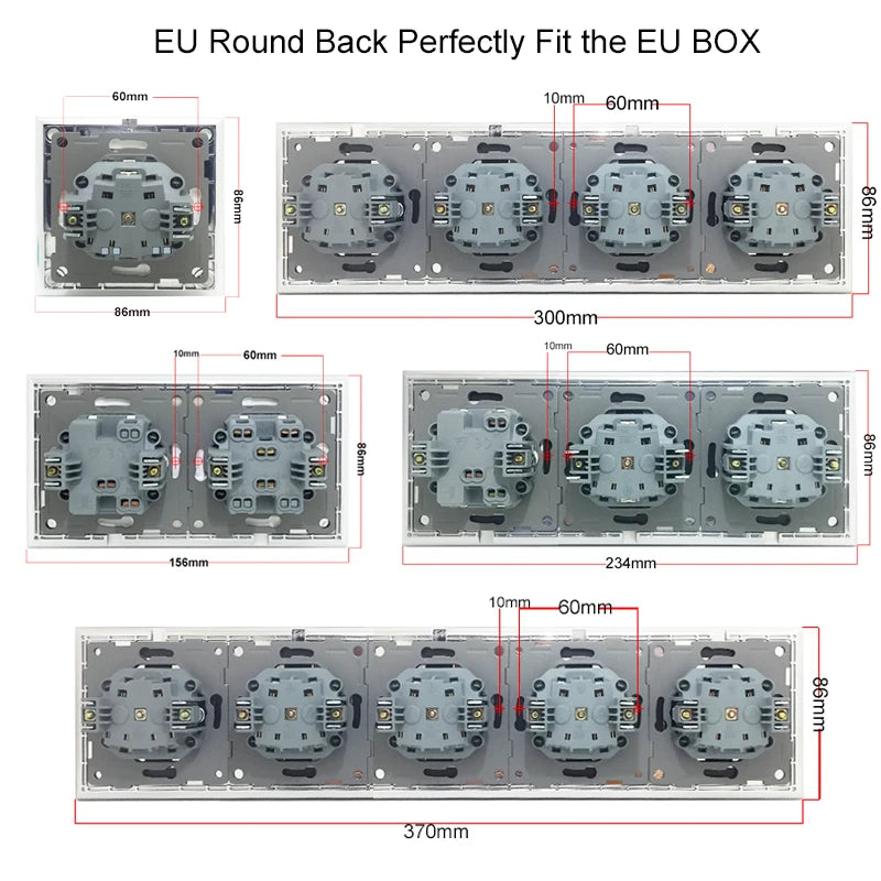 Touch Light Switch With EU Power Wall Sockets White Black 300W Led 1 Gang 1 Way Crystal Glass Panel Interruptor 157mm*86mm