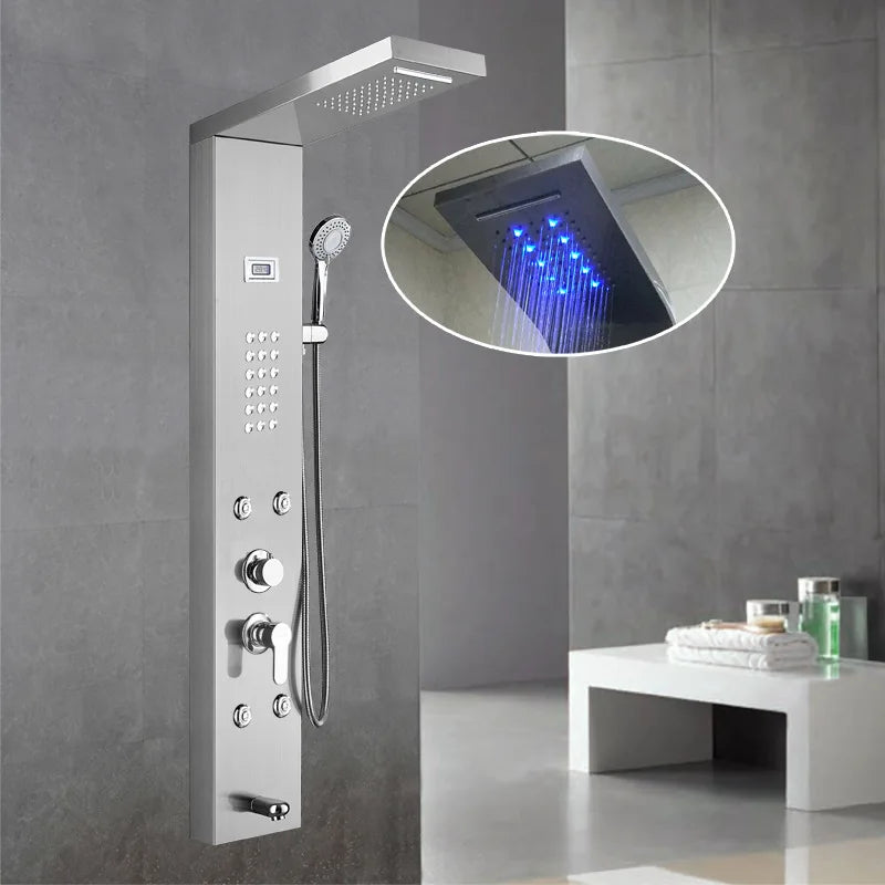 Hot Sale Luxury Black Color  Led Smart Rain Shower Head Bathroom Stainless Steel Wall Mounted Waterfall Shower Panels