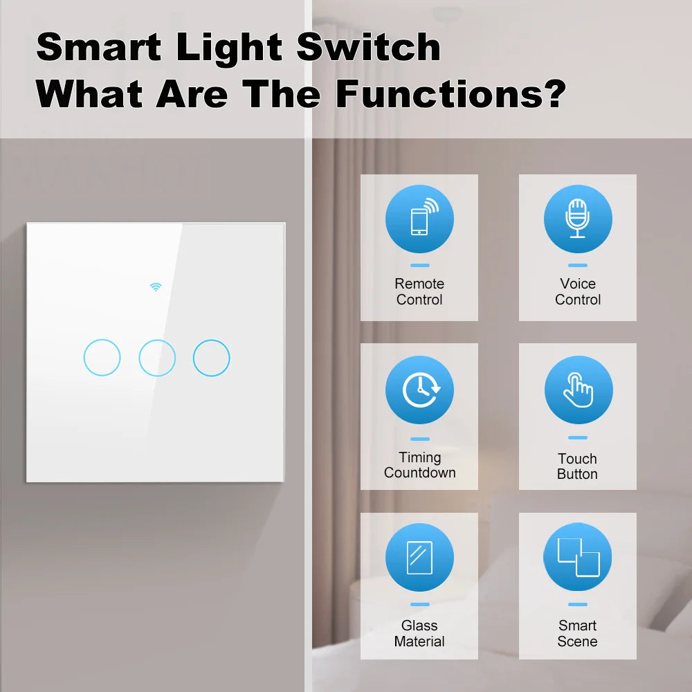 Smart EU Touch Sensor Switch Switches LED Crystal Glass Panel Wall Lamp Light Switch 1/2/3/4Gang No Neutral Wire APP Control