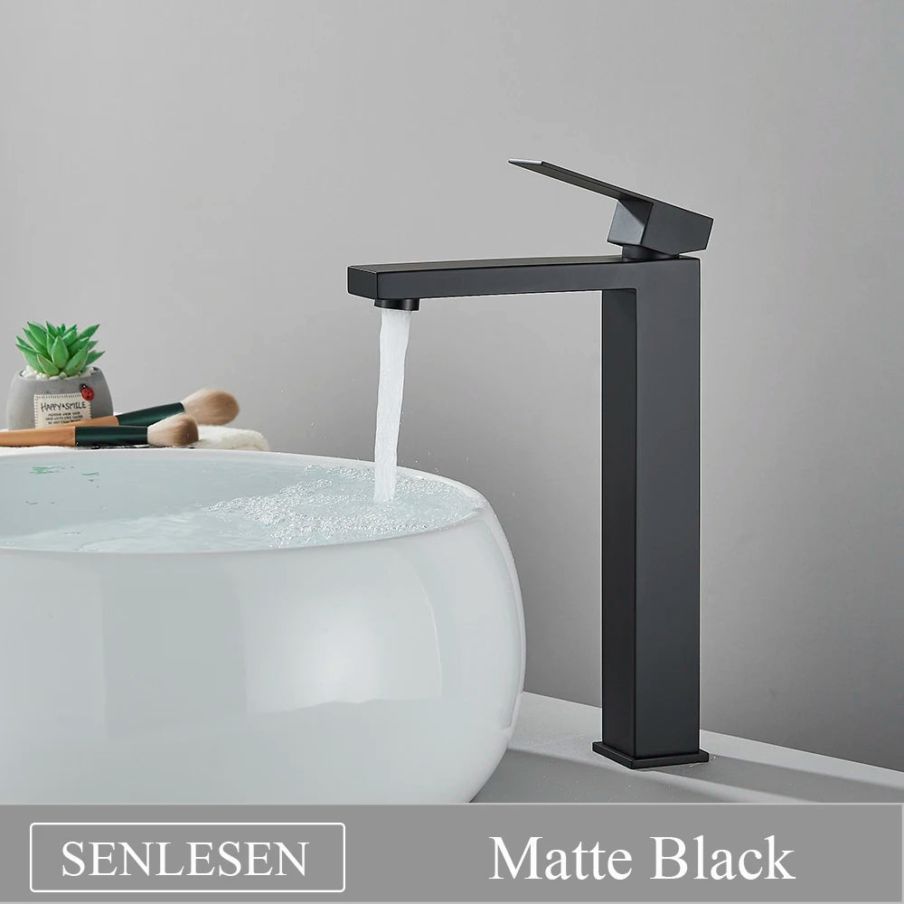 Senlesen Brushed Gold Bathroom Faucet Basin Faucets Deck Mounted Sink Mixer Tap Stainless Steel Countertop Hot Cold Water Crane