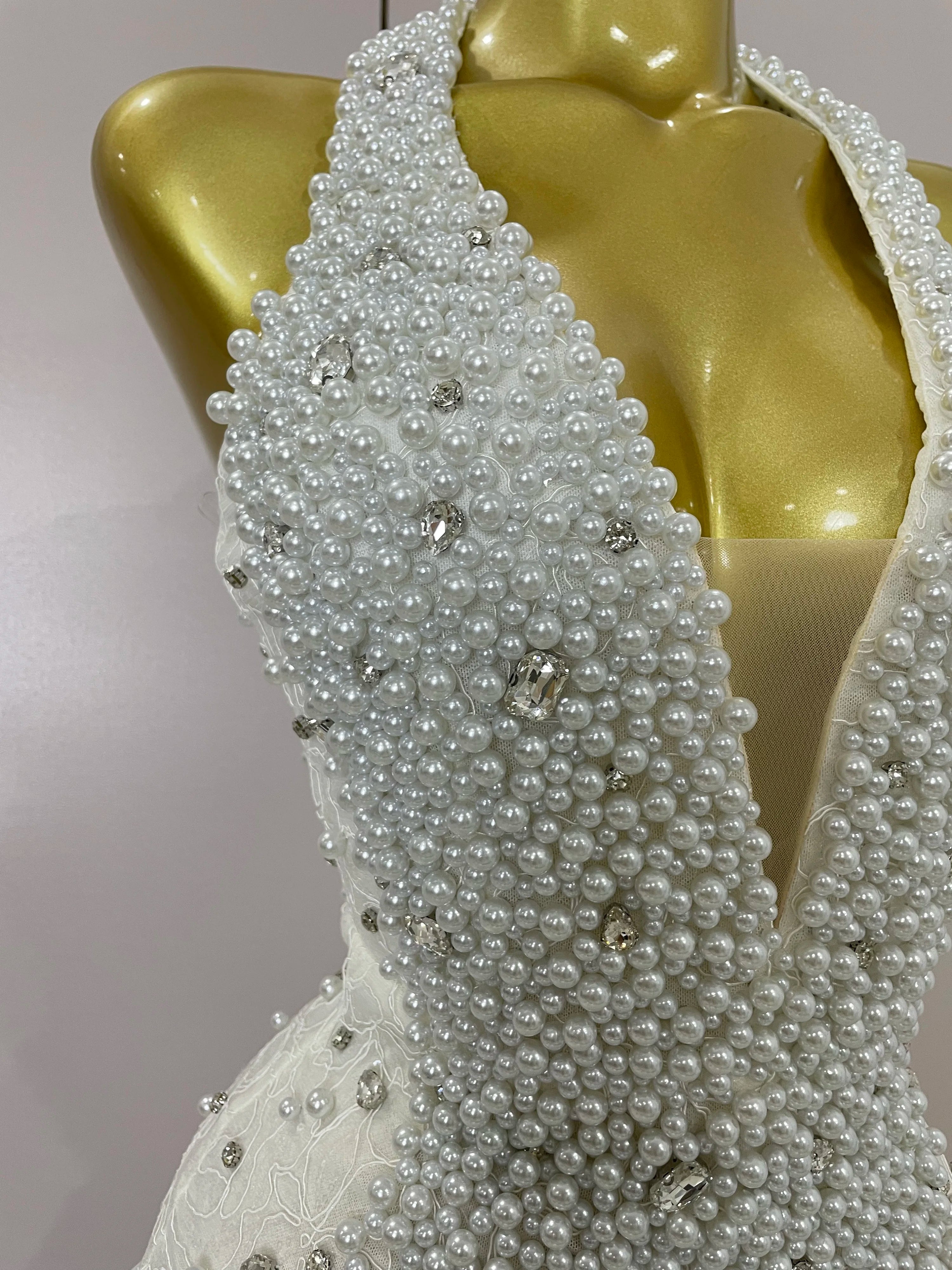 High Quality Luxury Shiny Diamonds Pearl Flowers Deep V Halter Short Dress Women Celebrate Eveing Celebrity Birthday Party Dress