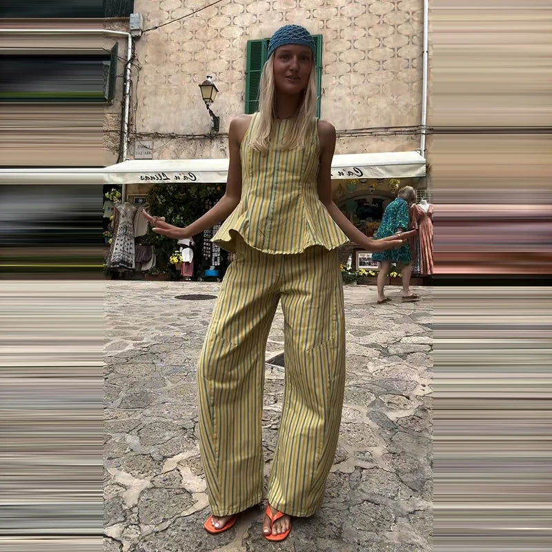 Casual Striped Pleated Vest Pants Women's Set Elegant Sleeveless O-neck Top Wide Leg Trousers 2026 Summer Vacation Lady Outfit