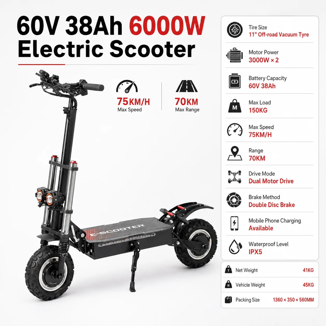 1200W-6000W SingleDual Motor Electric Scooter Adults 72V 60V 52V 48V Off Road Winter Snow Anti-Slip Foldable E-Scooter