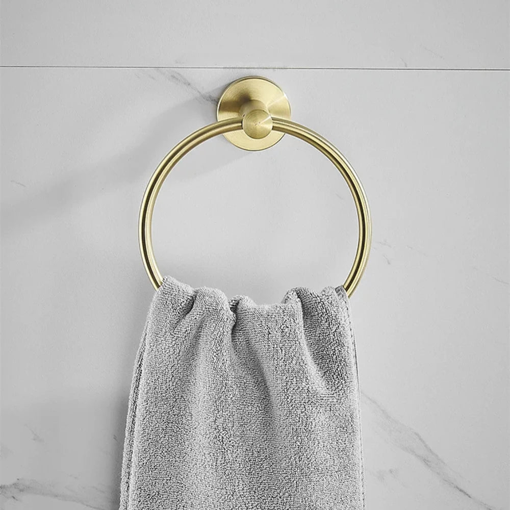 Black/Brushed Gold Stainless Steel Towel Ring Wall Hanging Round Towel Holder with Drill Hole Bathroom Storage Rack Accessory
