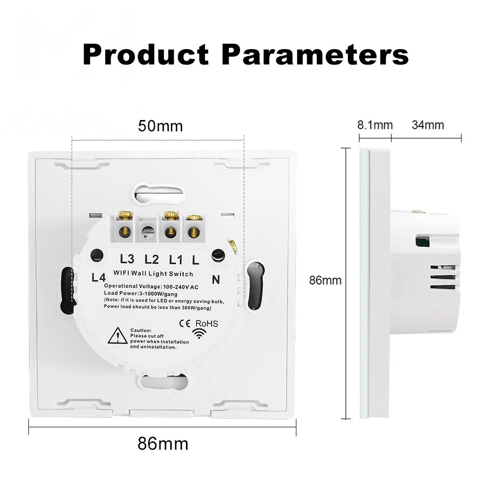 Smart EU Touch Sensor Switch Switches LED Crystal Glass Panel Wall Lamp Light Switch 1/2/3/4Gang No Neutral Wire APP Control