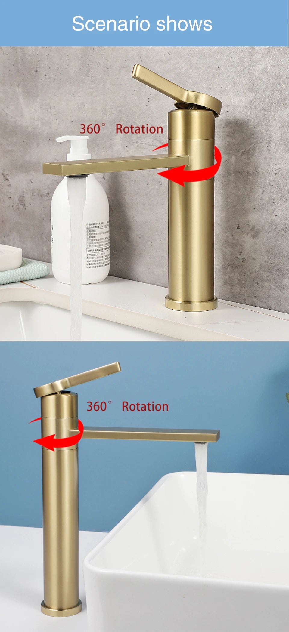 Fliger Tall Basin Faucet Brushed Gold Bathroom Sink Faucet Countertop Sink Faucet Hot Cold Bathroom Faucet 360° Rotating Mixer