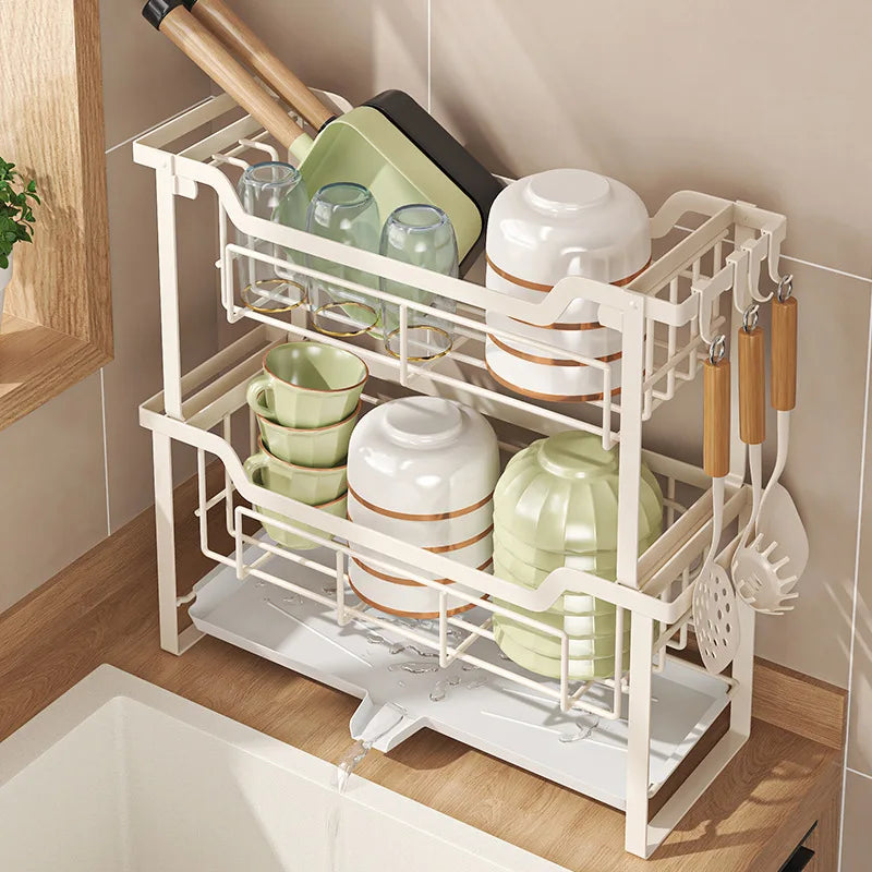 Kitchen Rack Double Layer Dish Sink Storage Rack Drain Rack Multifunctional Household Bowls, Plates, Chopsticks and Cup Rack