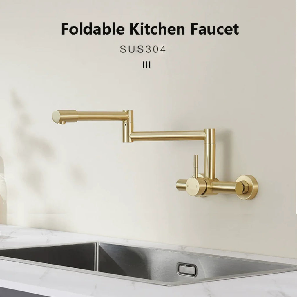 Black Pot Filler Tap Wall Mounted Foldable Kitchen Faucet Hot Cold Brushed Gold Sink Faucet Tap Rotate Folding Spout SUS304