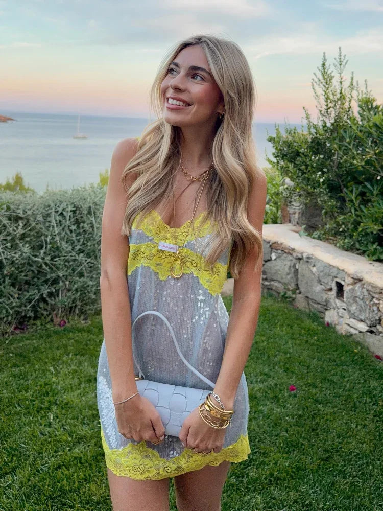 Sexy Sequin Lace Trim Dress Women Fashion V-neck Sleeveless High Waist Mini Sling Dresses 2026 Summer Trendy Lady Vacation Robe